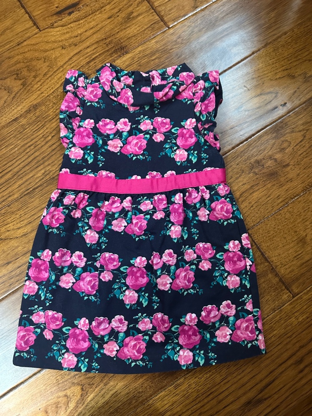 Janie and Jack Navy Dress with Pink Floral Print and Pink Waistband